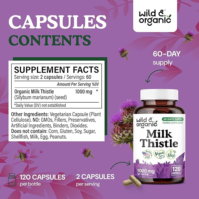 Wild & Organic Milk Thistle Capsules 1000mg - Liver Detox Cleanse - Silymarin Milk Thistle Supplement for Liver Support - 120 Vegan Capsules - 2-Month Supply - No Fillers, Non-GMO