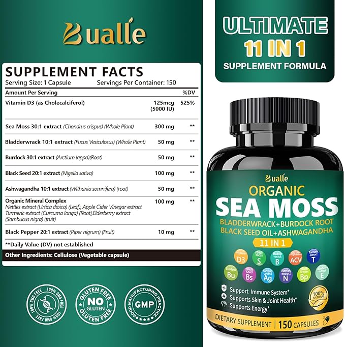 Bualle Irish Sea Moss Capsules – Organic Sea Moss, Black Seed Oil, Ashwagandha Supplements with Bladderwrack, Ginger & Burdock Root – Supports Daily Wellness, Skin & Energy – 150 Capsules (1 Pack)
