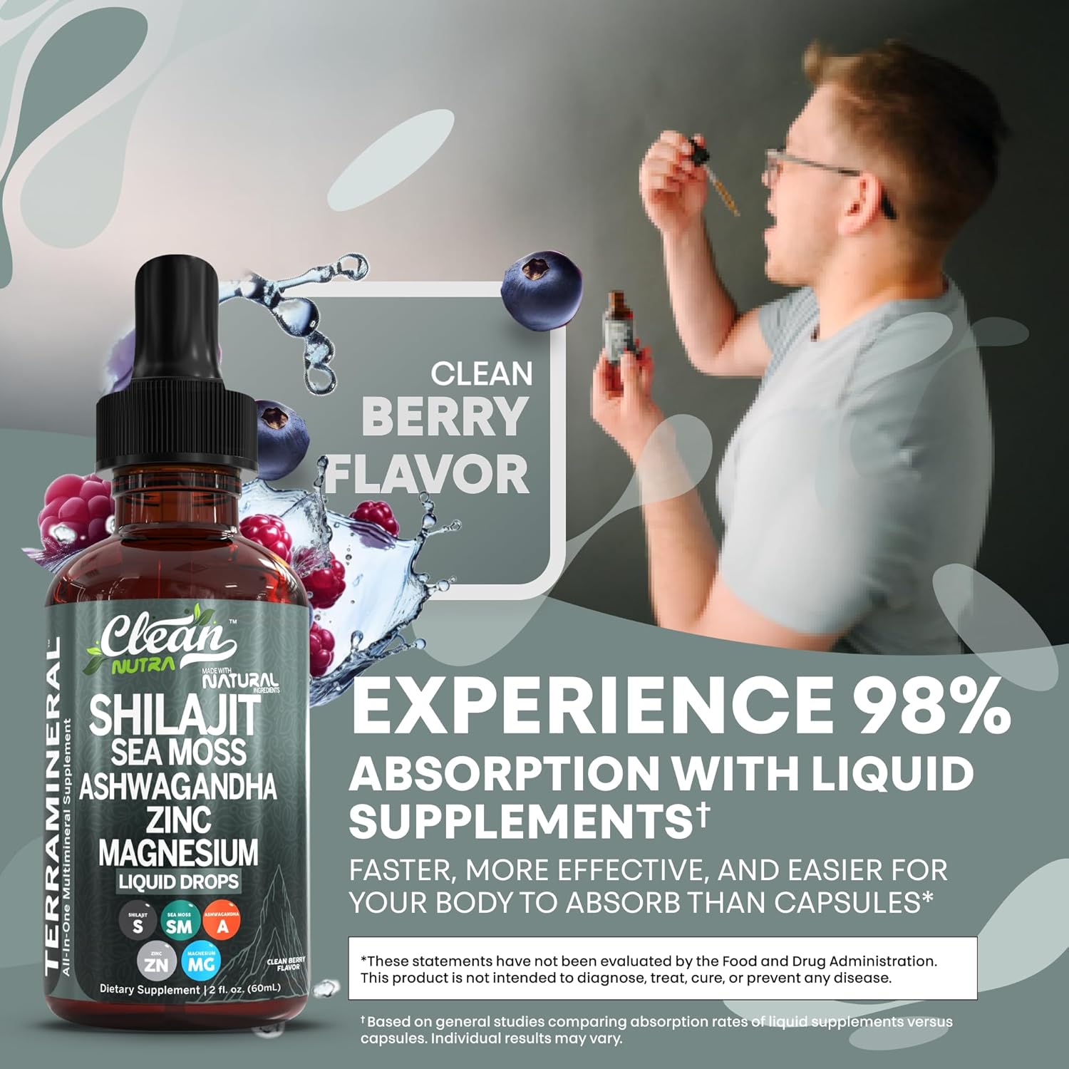 Clean Nutraceuticals Shilajit Liquid Drops with Sea Moss, Ashwagandha, Zinc, Magnesium, Liquid Vitamins for Women and Men - Terra Mineral