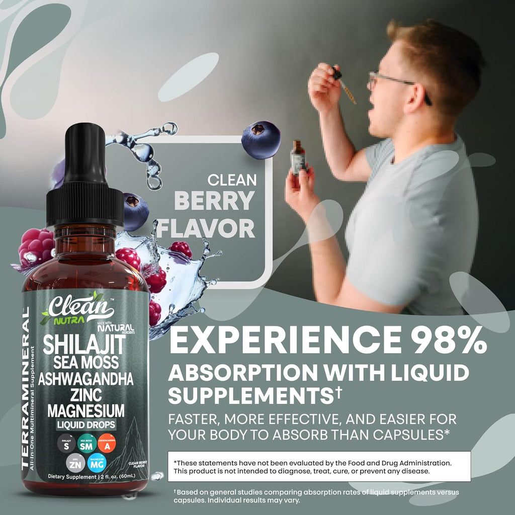 Shilajit Liquid Drops with Sea Moss, Ashwagandha, Zinc, Magnesium, Liquid Vitamins for Women and Men - Terra Mineral by Clean Nutra - 2Pack