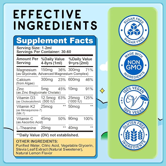 (2 Pack) Magnesium Glycinate Liquid for Kids, Kids Magnesium Liquid Drops Supplement with L-Theanine, Calcium, Zinc, Vitamin D3 K2 for Sleep Calm Relaxation Brain Bones Focus, Lemon Flavor 4 Fl Oz