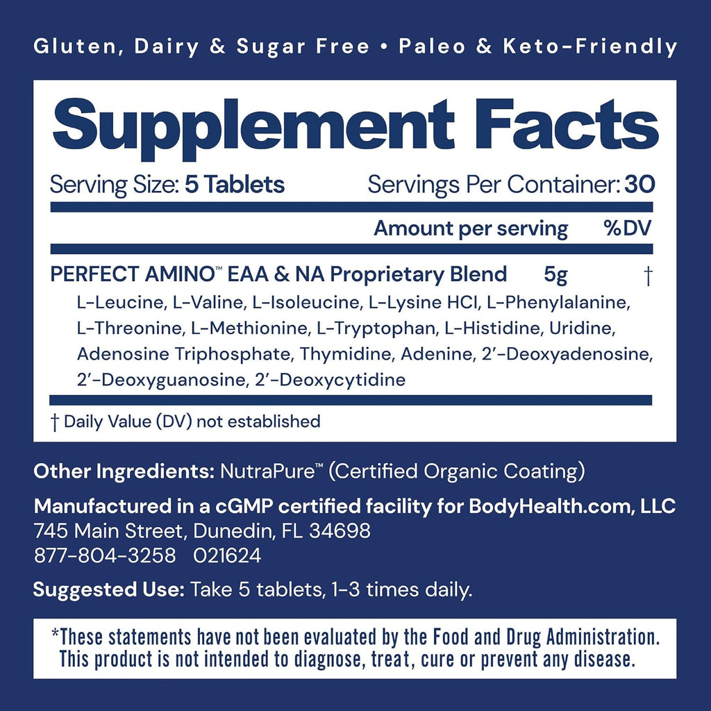 BodyHealth PerfectAmino (150 ct) Easy to Swallow Tablets, Essential Amino Acids Supplement with BCAAs, Vegan Protein for Pre/Post Workout & Muscle Recovery with Lysine, Tryptophan, Leucine, Methionine