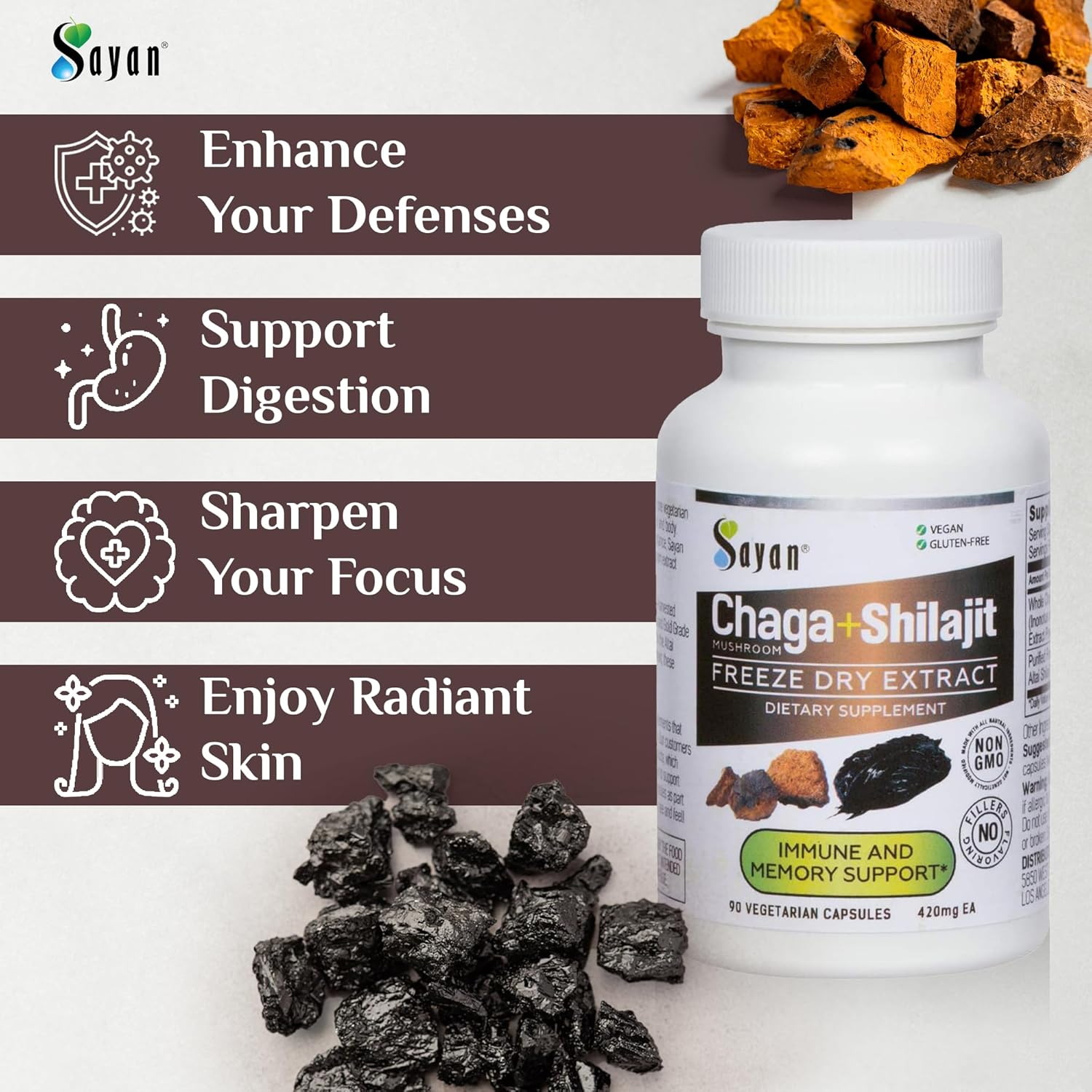Sayan Siberian Chaga Mushroom Extract with Shilajit 90 Capsules/420mg ea.– Immune and Digestion System Support – Fulvic Acid Supplement – Energy & Clarity – Exclusive Blend – No Fillers