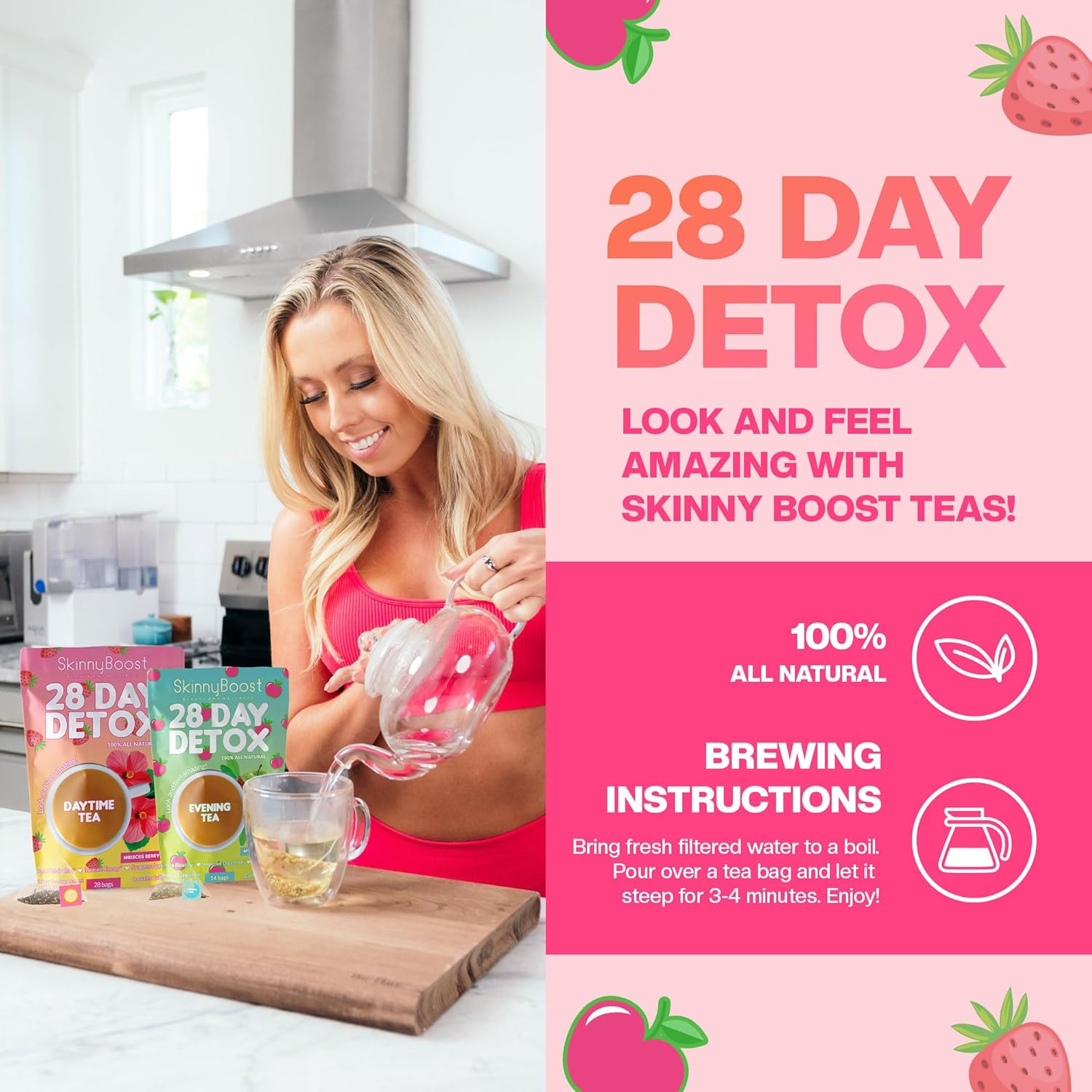 Skinny Boost Detox Tea Kit- 2 PACK –1 Daytime HIBISCUS (28 Bags) + 1 Evening APPLE CINNAMON-(14 Bags) – Herbal Detox for Energy, Bloating & Colon Cleanse – Green Tea, Vegan, Keto, Non-GMO, Sugar-Free