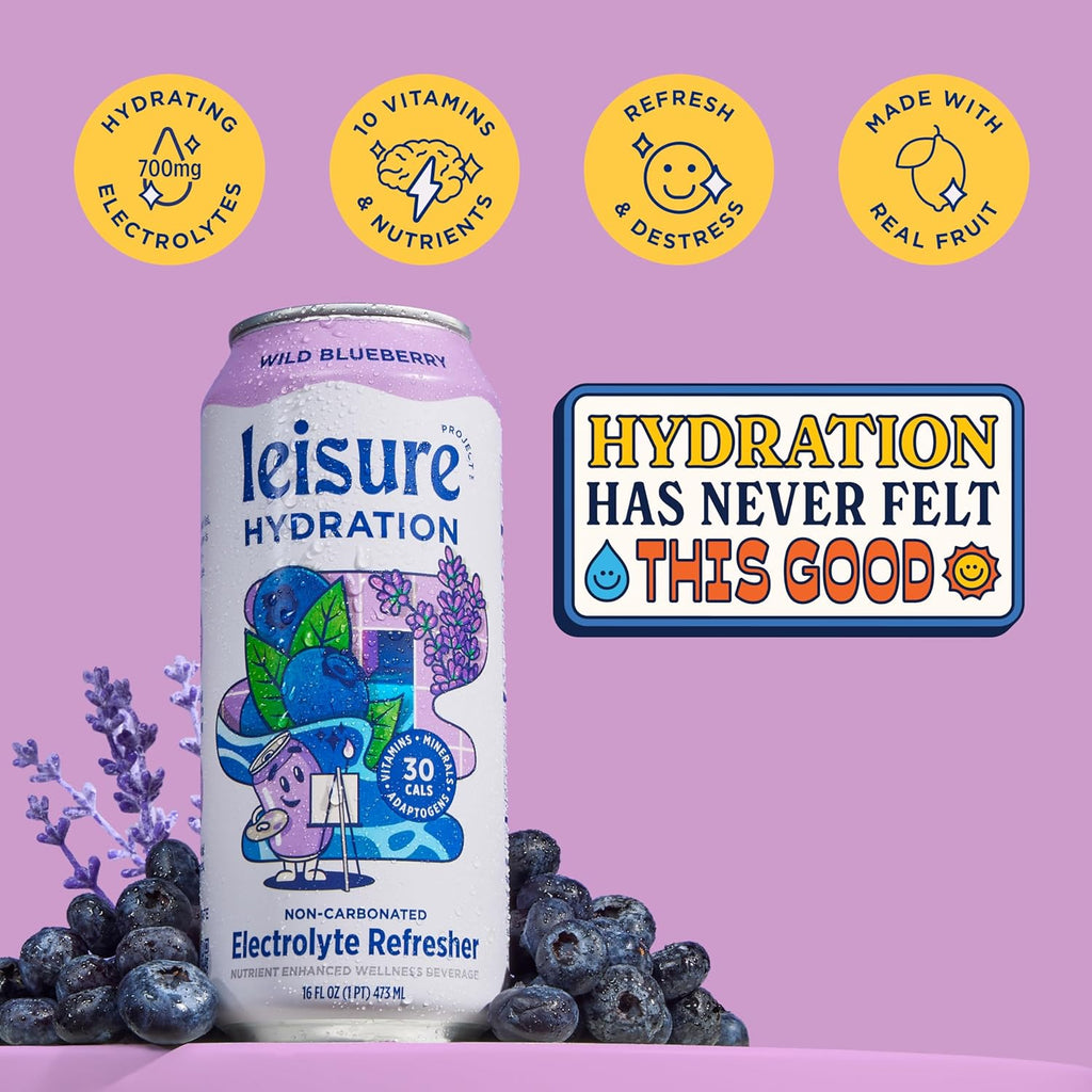 Leisure Hydration Non-Carbonated Electrolyte Refresher, Wild Blueberry Flavor - Low Sugar Nutrient Enhanced Water Beverage - Get The Best Hydration Packed w/ Magnesium & Ashwagandha For Mood & Stress Support, Non-GMO, 16 oz (12-Cans)