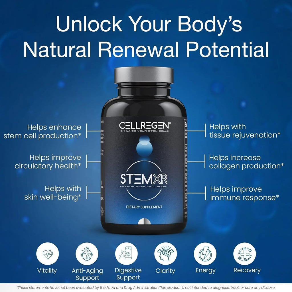 StemXR™ Stem Cell Activator & Circulation Booster – Stem Cell Supplement for Men & Women – Blue Green Algae, Longevity, Vitality, Anti-Aging, Energy & Performance Support – 90 Capsules