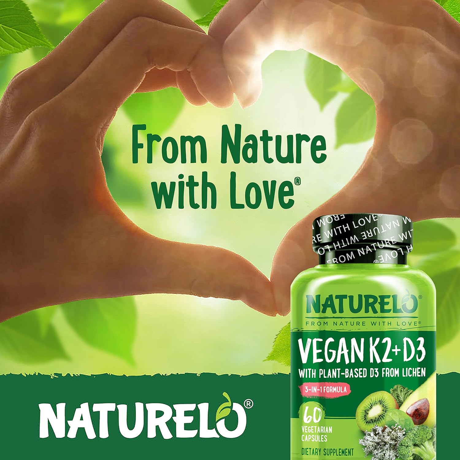 NATURELO Vitamin D3 K2 - Vegan K2+D3 with Plant Based D3 from Lichen - Natural D3 Supplement for Immune System, Bone Support, Heart Health - Whole Food - Non-GMO - Gluten Free, 60 Capsules (Pack of 2)