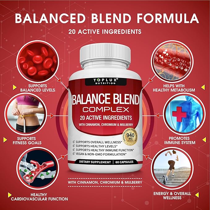 Premium Natural Balance Blend Complex Supplement - Natural 20 Herbs and Vitamins with Cinnamon Non-GMO Vegan, for Men Women, 60 Capsules