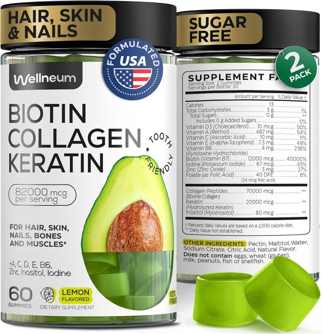Biotin and Collagen Peptide Gummies for Hair Growth, Skin and Nails - 82000 Mcg per Serving - Biotin Chewables with Keratin Max Strength - Beauty Gummies for Women and Men - Sugar Free, Non-GMO