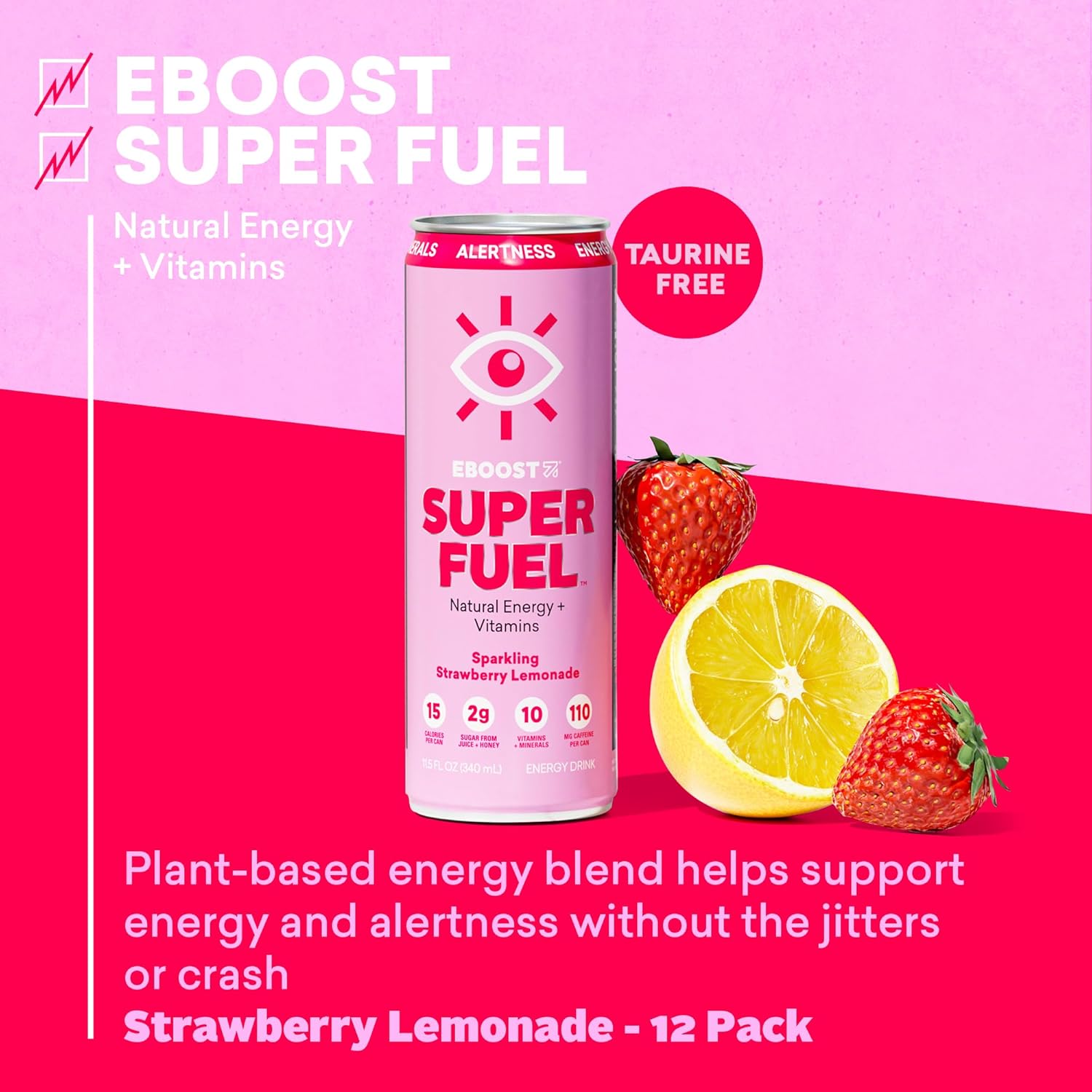EBOOST Super Fuel Healthy Energy Drink - Caffeine from Natural & Clean Ingredients For Focus and Productivity -Taurine Free Pre-Workout With Electrolytes, Nootropic - Strawberry Lemonade, 12 Pack