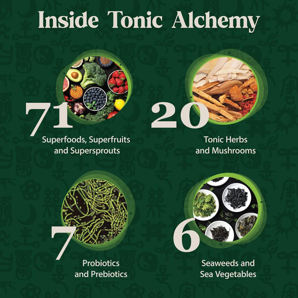 Dragon Herbs Tonic Alchemy Superfood Greens Powder - Single Serve Packet - 91 Ingredients: Tonic Herbs, Ashwagandha, Mushrooms, Prebiotics, Probiotics, Super Greens, Seaweeds, Fruits, Spirulina