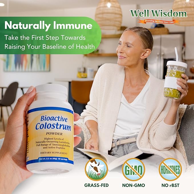 Bioactive Colostrum Well Wisdom 60g Bovine Supplement Powder, Grass-Fed Year-Round Colostrum Powder Natural Immune Recovery Supplement