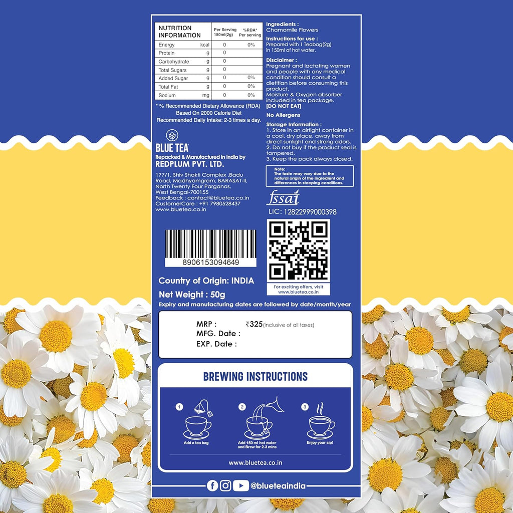 BLUE TEA - Chamomile Tea For Sleep - 25 Count - Plant Based Tea Bags | Get a good Sleep | Relaxation | Stress Relief | Caffeine Free - Flower Based - Herbal Tea | Single Tear Tea Box | Easy Pull Sachets