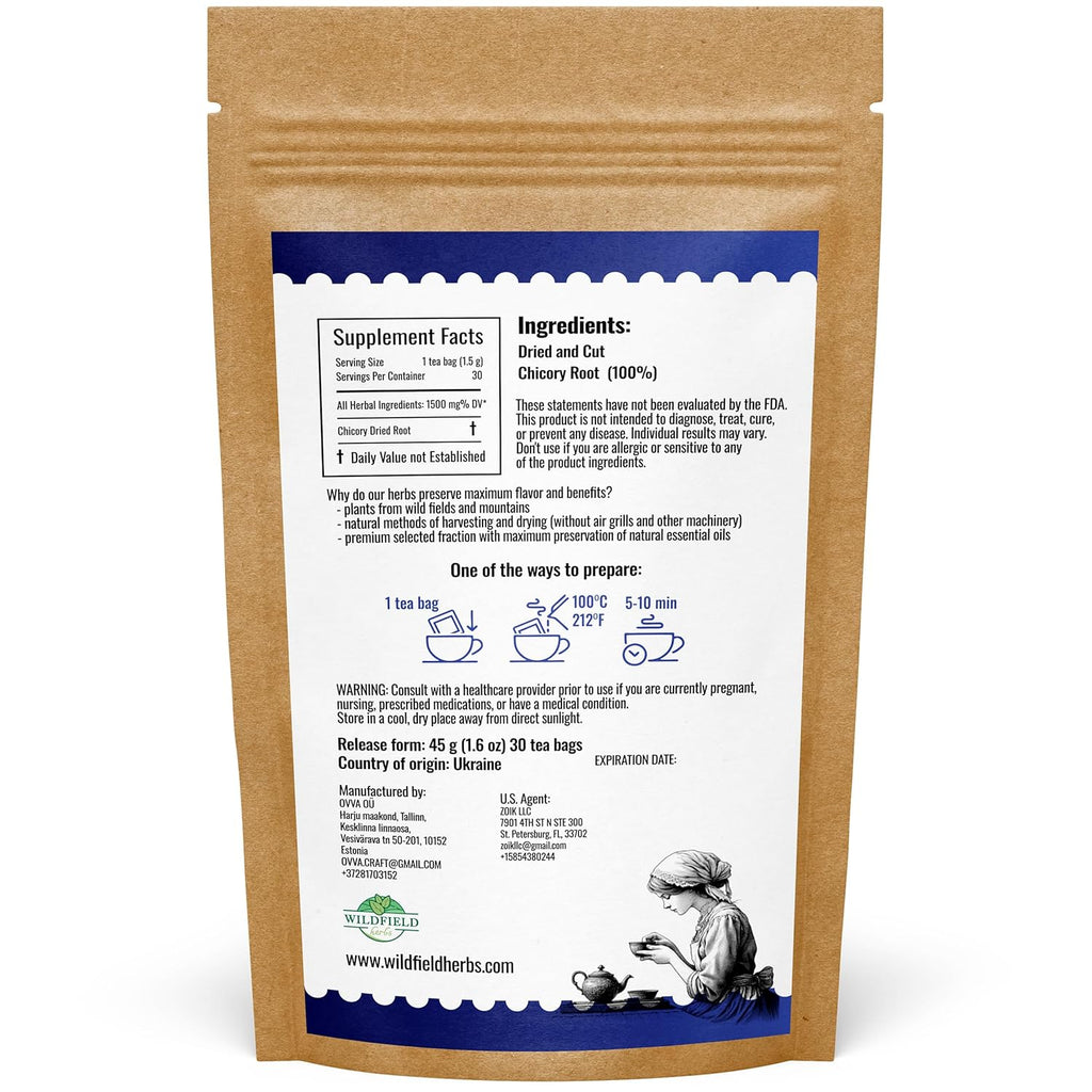 30 Bags Tea Chicory Root Tea Herbal (Cichorium Intybus) - 30 Count 1.5g Bags Chicory Root Herb Achicoria