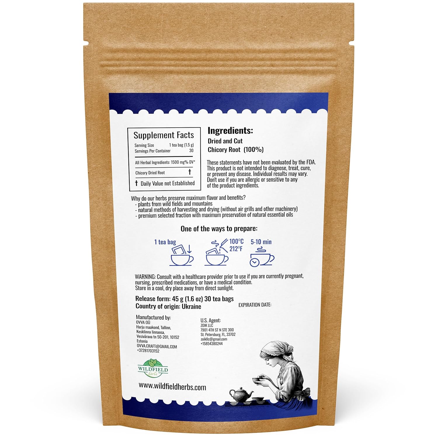 30 Bags Tea Chicory Root Tea Herbal (Cichorium Intybus) - 30 Count 1.5g Bags Chicory Root Herb Achicoria