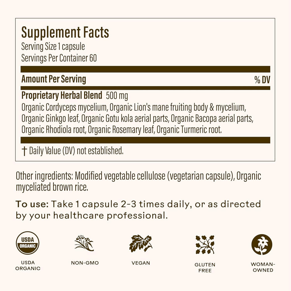 Wooden Spoon Herbs - Brain Bloom | Organic Brain Supplement for Memory and Focus with Rosemary, Bacopa, Lions Mane, Gotu Kola & Ginkgo Leaf & Turmeric | Gluten-Free, Non-GMO, Vegan (60 CT, Capsules)