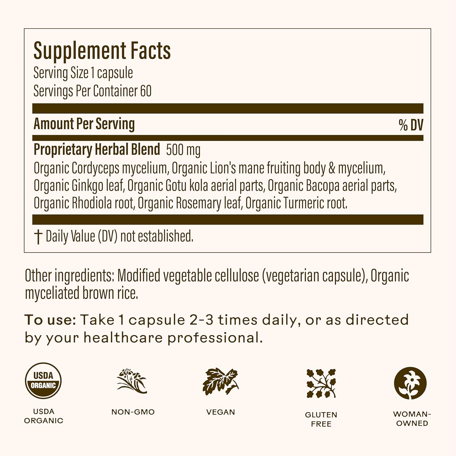 Wooden Spoon Herbs - Brain Bloom | Organic Brain Supplement for Memory and Focus with Rosemary, Bacopa, Lions Mane, Gotu Kola & Ginkgo Leaf & Turmeric | Gluten-Free, Non-GMO, Vegan (60 CT, Capsules)
