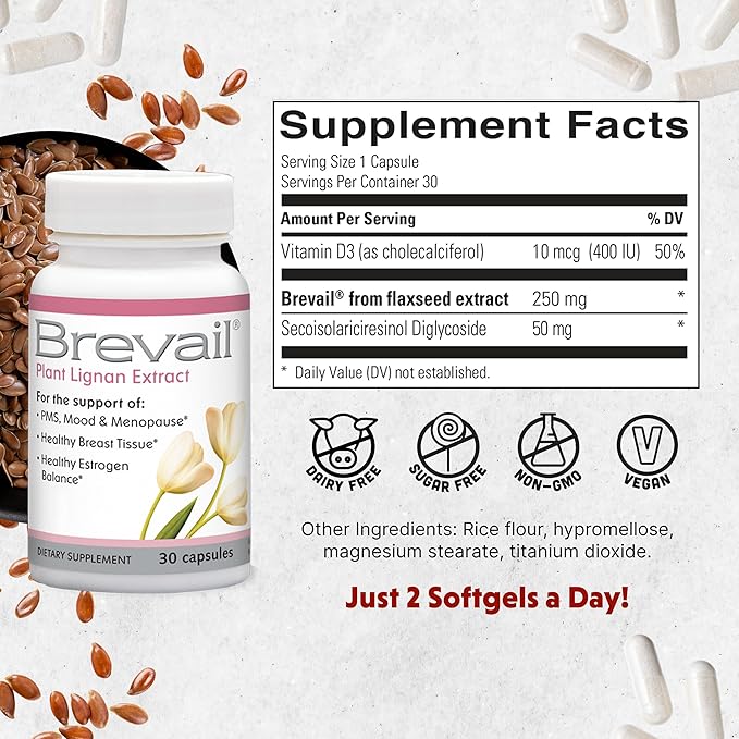 Brevail Plant Lignan Extract Capsules, Proactive Breast Health Supplement with 50 mg SDG Lignans from Flax Seed Hulls for Healthy Estrogen Balance and PMS Mood Support Pills, 30 Count