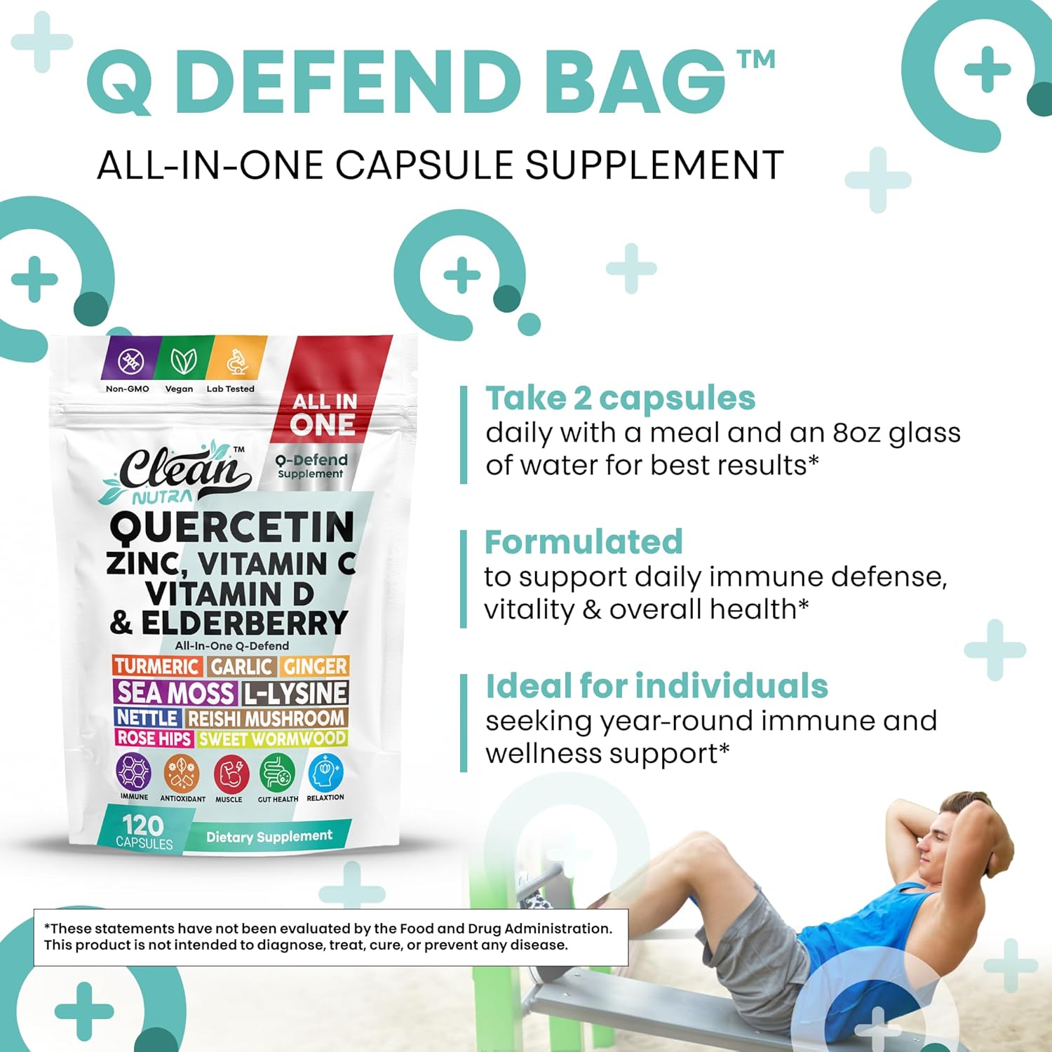 Q Defend Immune Support Supplement Quercetin Zinc Vitamin C Vitamin D Elderberry Turmeric Black Pepper Garlic Ginger Sea Moss Lysine Stinging Nettle Reishi Mushroom 120 Capsules by Clean Nutra