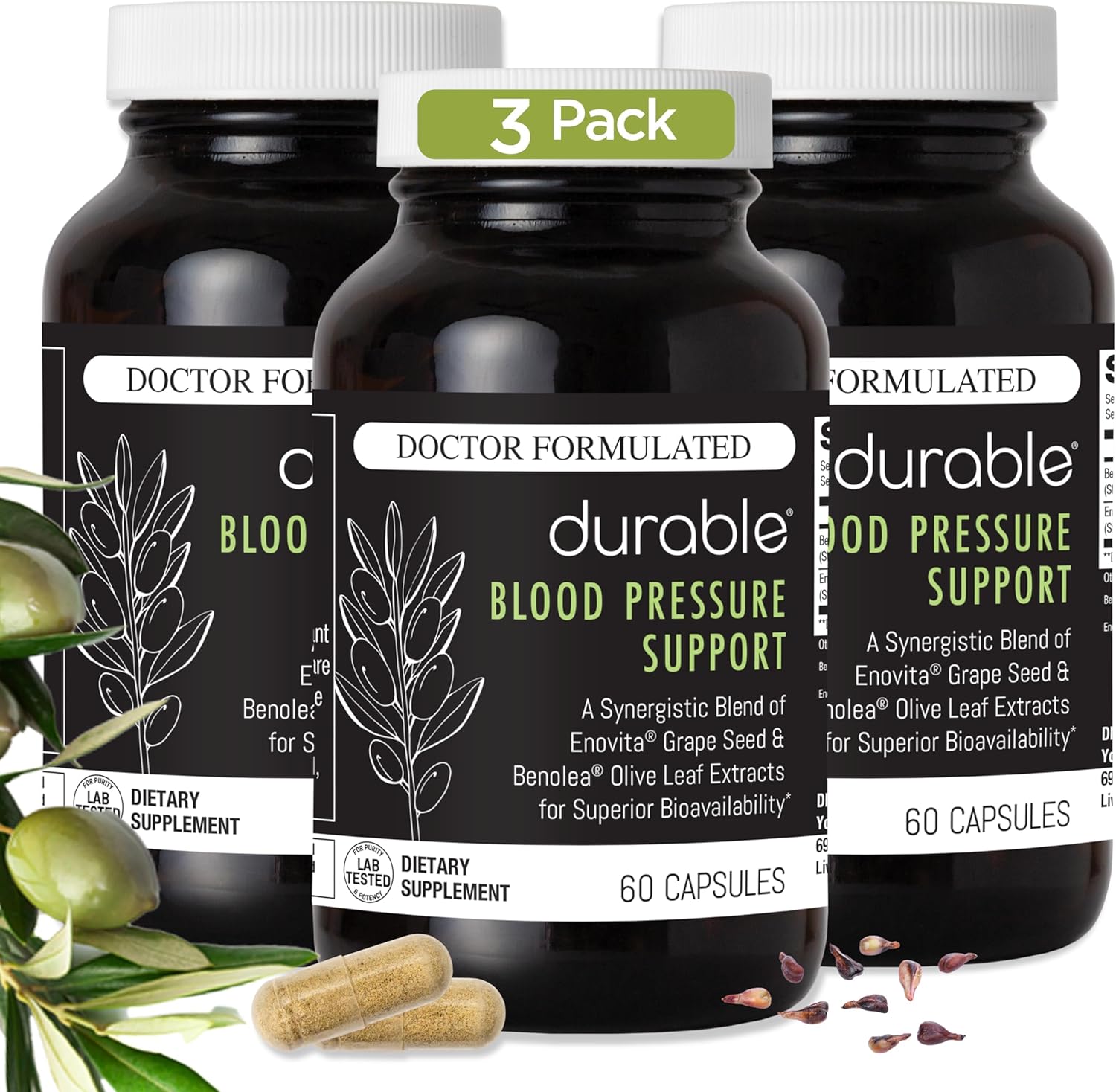 Durable Blood Pressure – Benolea Olive Leaf & Enovita Grape Seed Extract – Healthy Circulation, Nitric Oxide & Artery Support – Doctor Formulated, Vegan, Non-GMO, Made in USA (180 Capsules)
