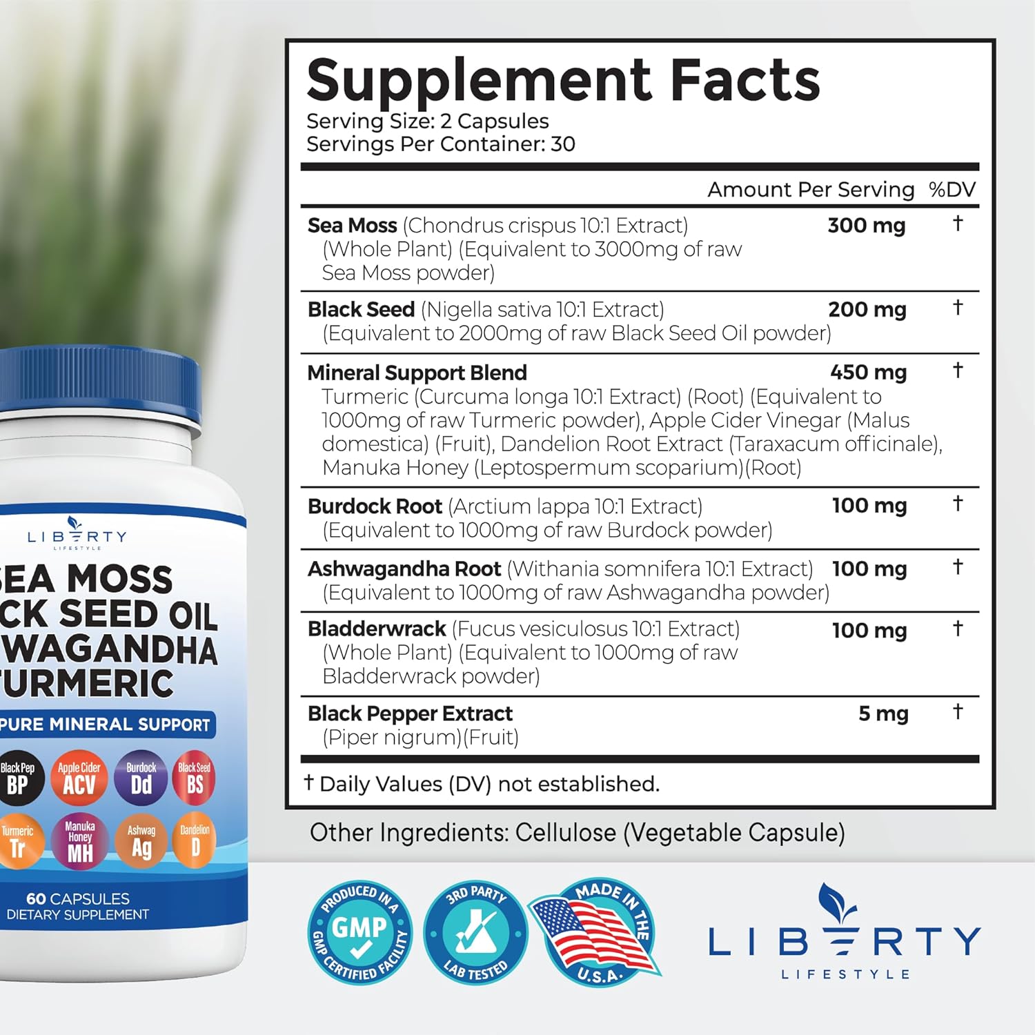 Sea Moss Black Seed Oil Ashwagandha Turmeric Bladderwrack Burdock - with Manuka, Honey Dandelion, ACV Black Pepper Gluten Free - 1-Pack