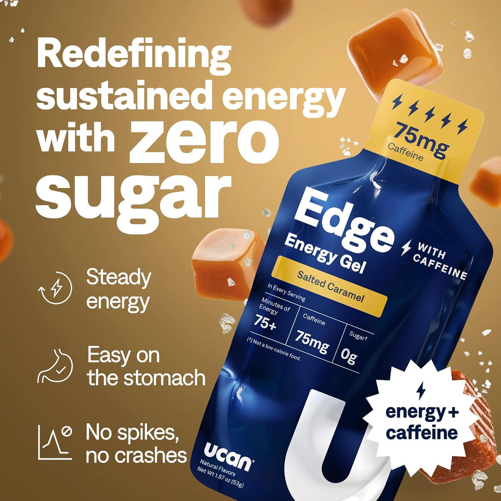 UCAN Edge Energy Gel Shots, Salted Caramel + Caffeine (12, 2 Ounce Packets) for Running, Training, Workouts, Fitness, Cycling, Crossfit | Sugar-Free, Vegan, & Keto Friendly Energy