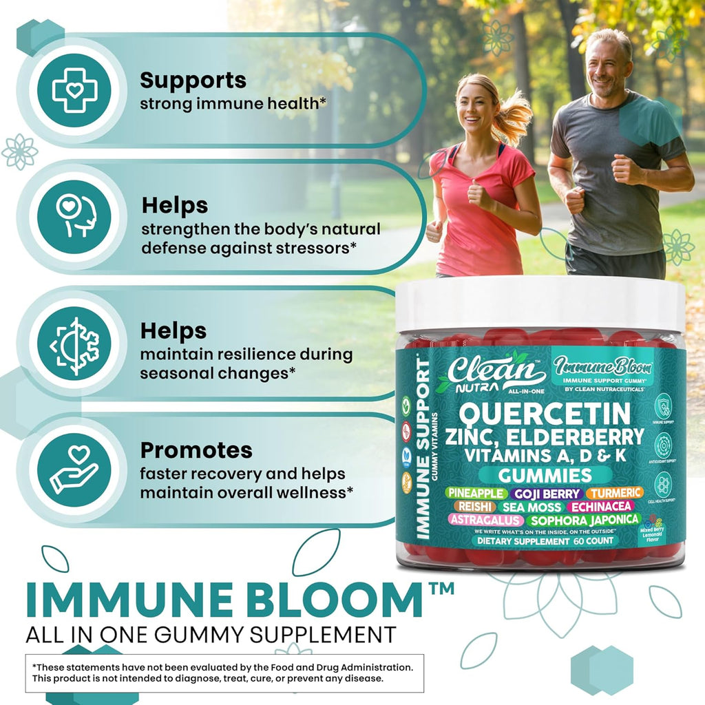 Clean Nutraceuticals Quercetin Zinc Elderberry VitaminDVitaminK2 Goji Berry Turmeric Sea Moss Echinacea Astragalus Mushrooms Olive Leaf Extract D3K2 Selenium Supplements Immunity 60 Gummies