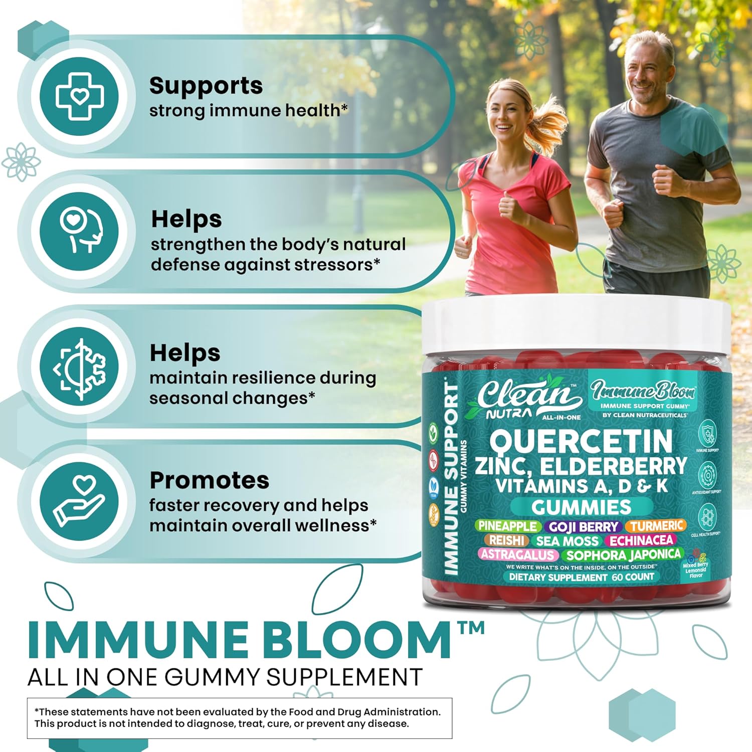 Clean Nutraceuticals Quercetin Zinc Elderberry VitaminDVitaminK2 Goji Berry Turmeric Sea Moss Echinacea Astragalus Mushrooms Olive Leaf Extract D3K2 Selenium Supplements Immunity 60 Gummies