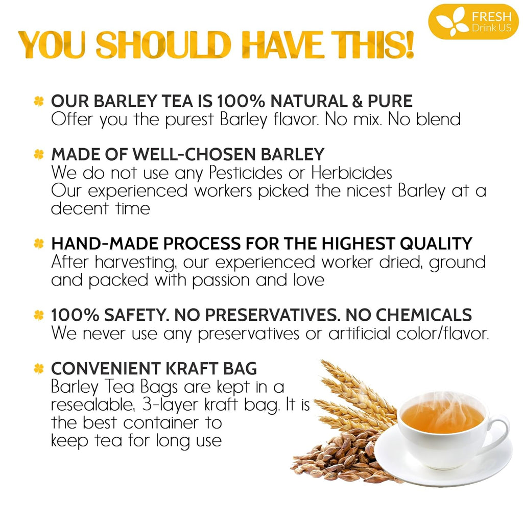 FreshDrinkUS Premium 50 Barley Tea Bags, 100% Natural & Pure. Loose Barley Herbal Tea. Made with Natural Material Tea Bags. No Sugar, No Caffeine, No Gluten, Vegan