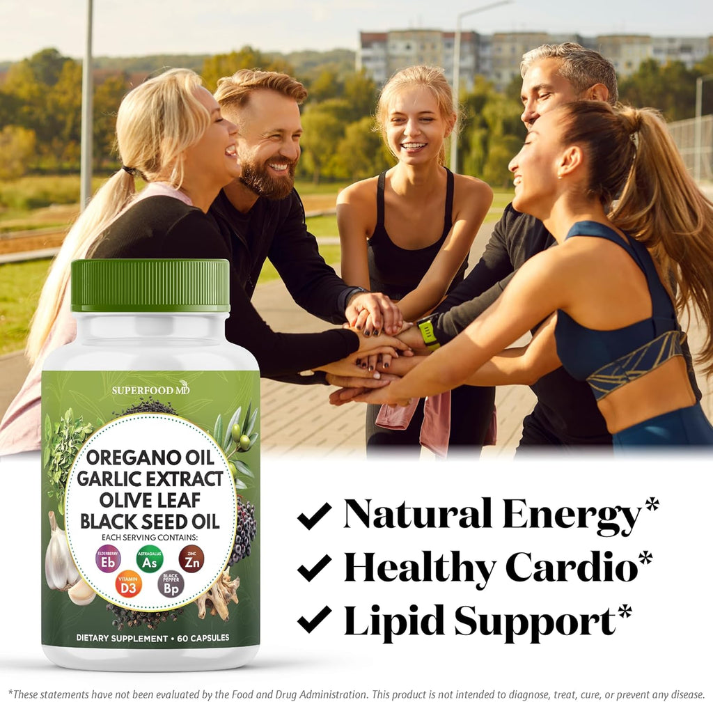 Oregano Oil, Garlic Extract, Olive Leaf, Black Seed Oil, Astragalus-Immune Support & Digestive Health Supplement for Women and Men- 120 Count