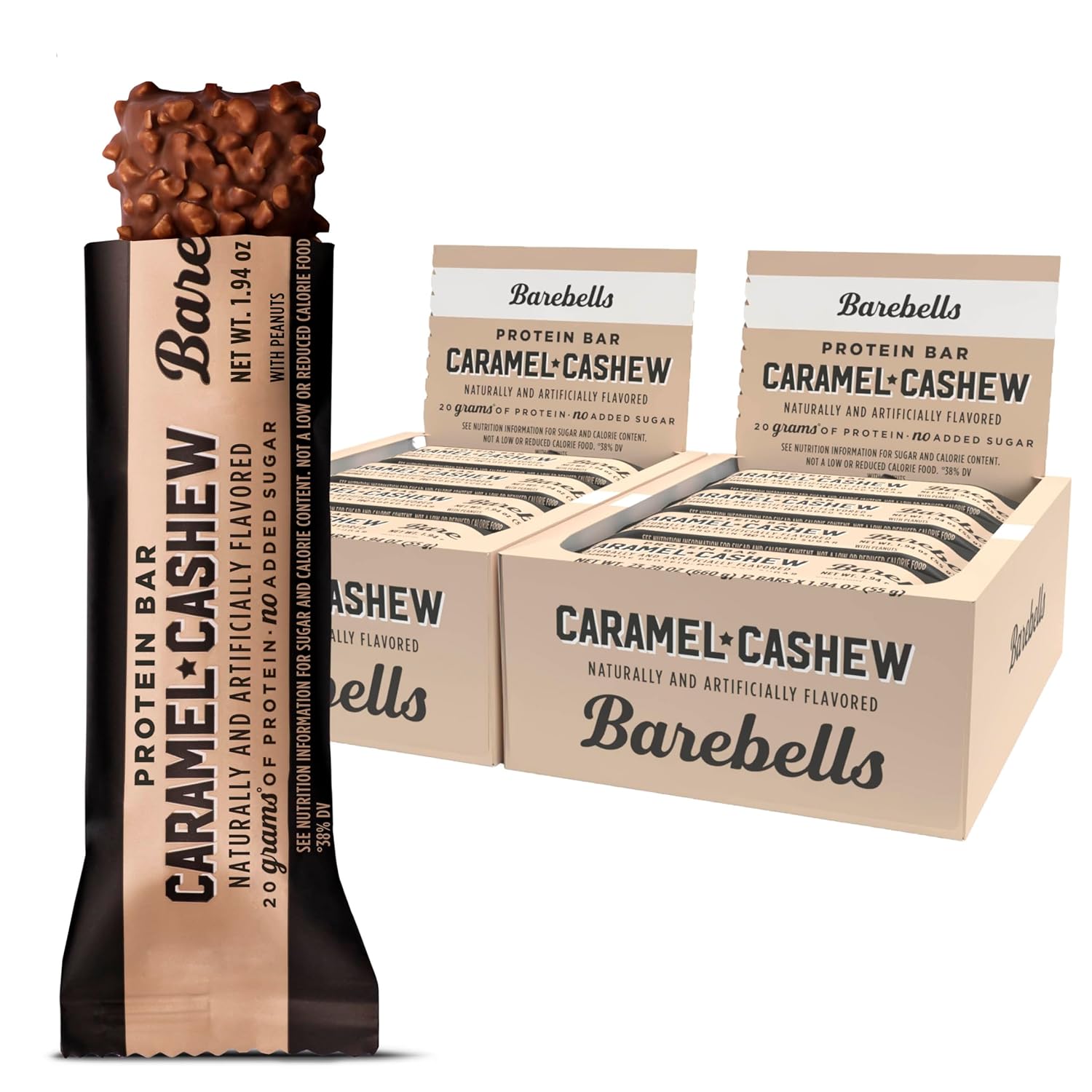 Barebells Protein Bars Caramel Cashew - 12 Count, Pack of 2 - Protein Snacks with 20g of High Protein - Chocolate Protein Bar with 1g of Total Sugars - Perfect on The Go Protein Snack & Breakfast Bars…
