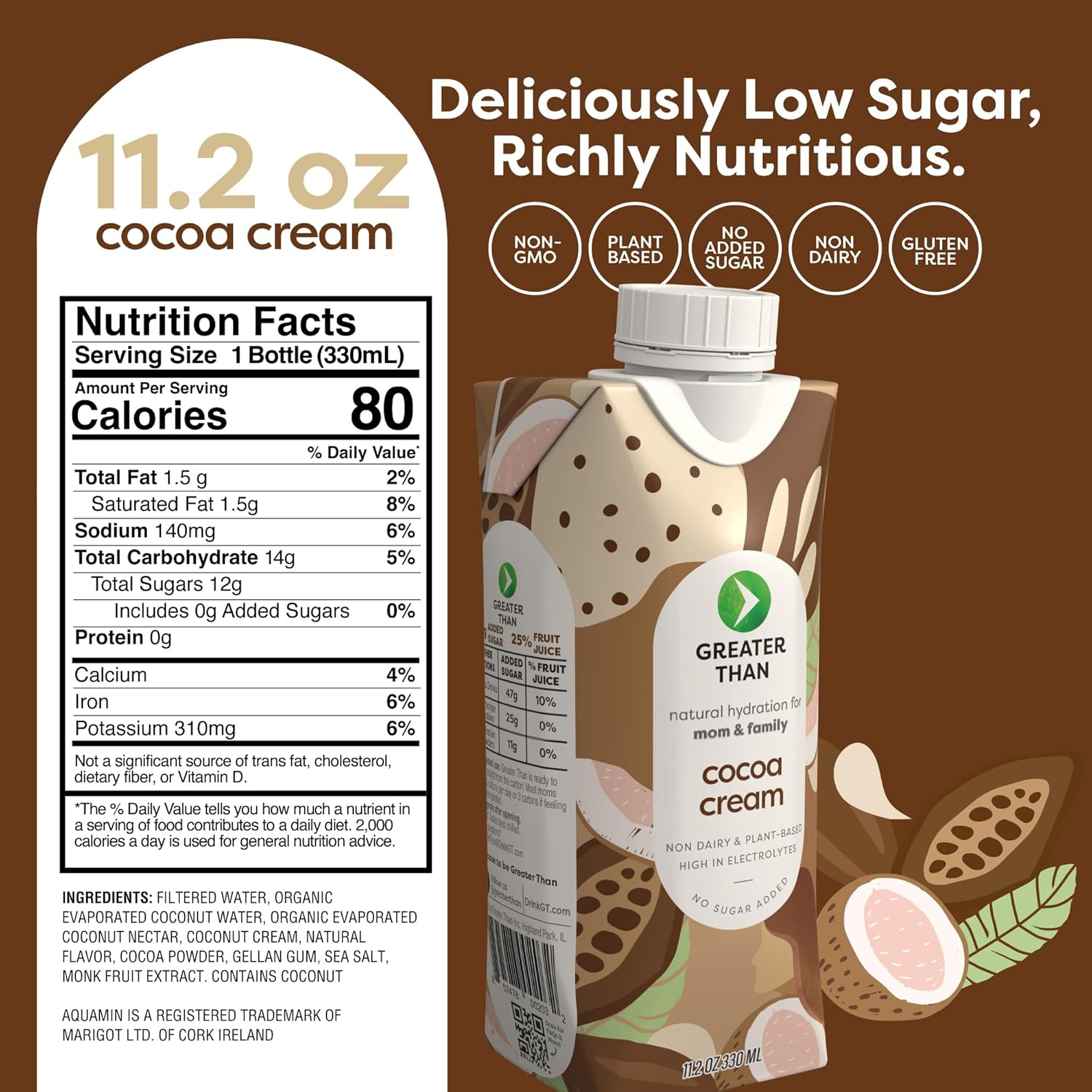 Greater Than Nutrient Hydration Beverage, Electrolyte Drink for Gut Health & Energy with Coconut Water, Vitamins, Gluten Free, Plant Based, Low Sugar, Cocoa Cream, 24 Pack
