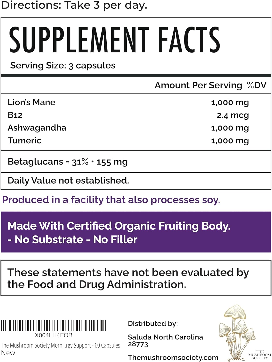Morning Rush - Lion’s Mane, Ashwagandha, Turmeric & B12 Extract Blend Supplement - Focus & Energy Support - 60 Vegan Capsules