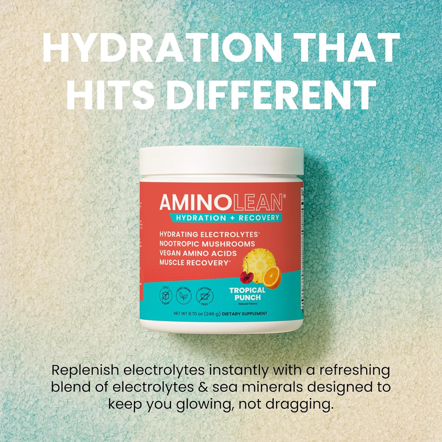 AminoLean Hydrating Electrolyte Powder and Recovery Drink with Sea Minerals, Nootropic Mushrooms, and Vegan Amino Acids, BCAAs + EAAs for Post Workout Muscle Building, Orange Splash