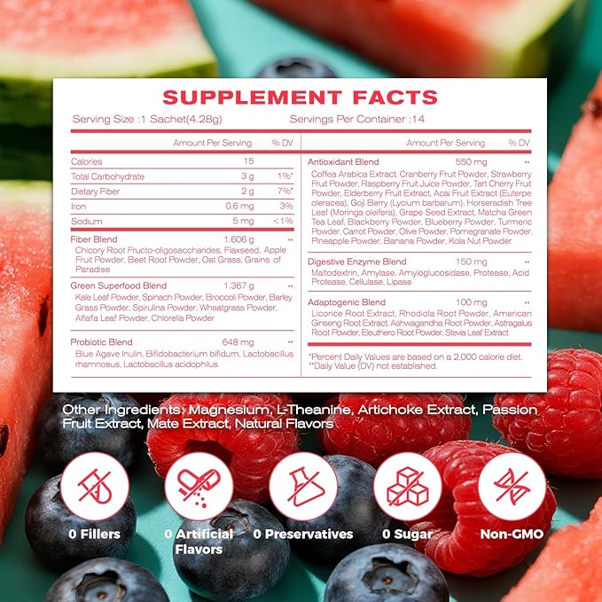 NEWELLME Happy Cleaner Digestive Supplement Powder, Gut Health Drink Mix with Probiotics, Digestive Enzymes & Fiber, Supports Digestion and Bloating, Watermelon & Berry Variety, 28 Sachets (2 Boxes)