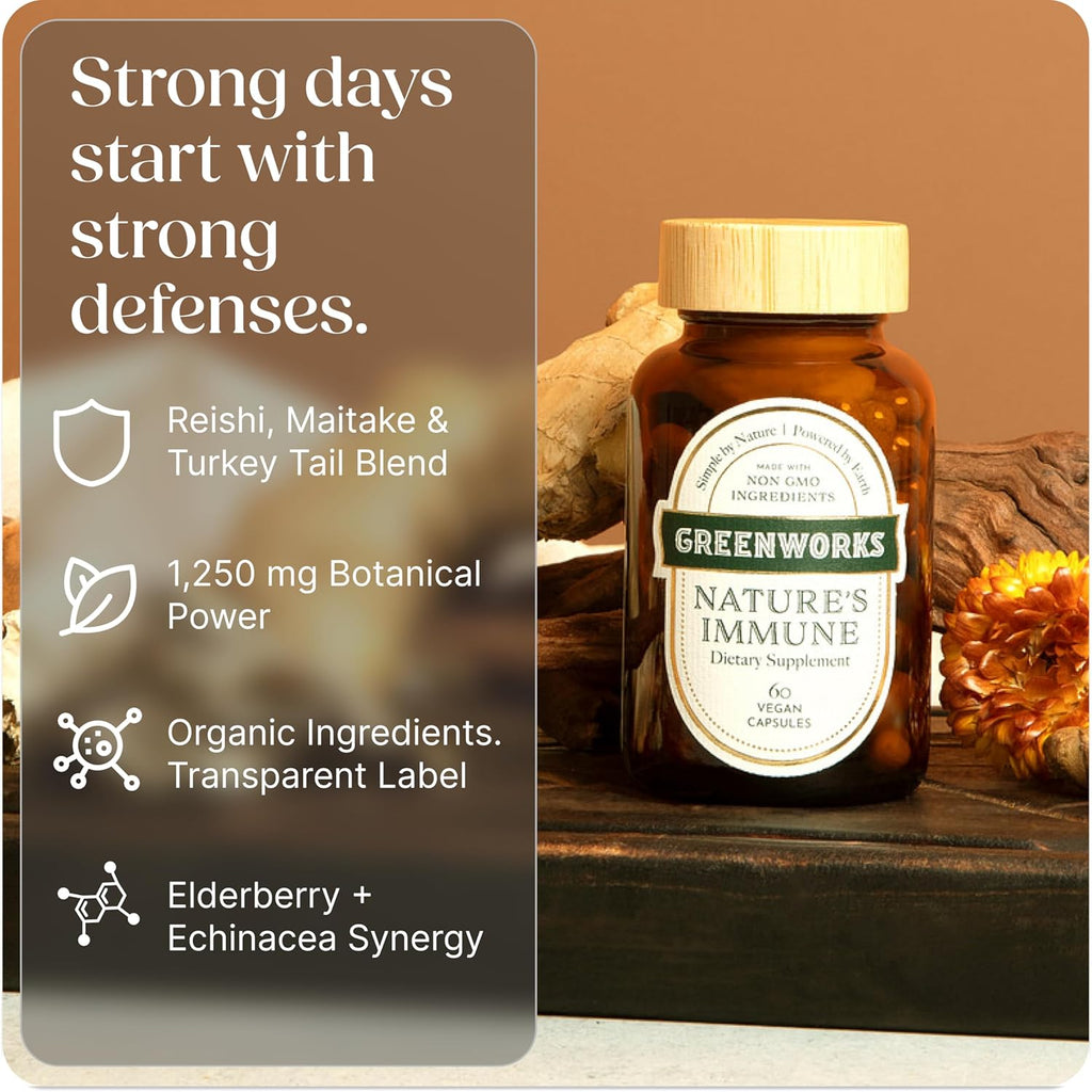 Greenworks Nature's Immune Organic Immune Support Supplement with Elderberry, Echinacea, Ginger, Turmeric, Oregano & Mushrooms - Vegan Capsules for Year-Round Wellness, Non-GMO, Gluten-Free, 60 Count