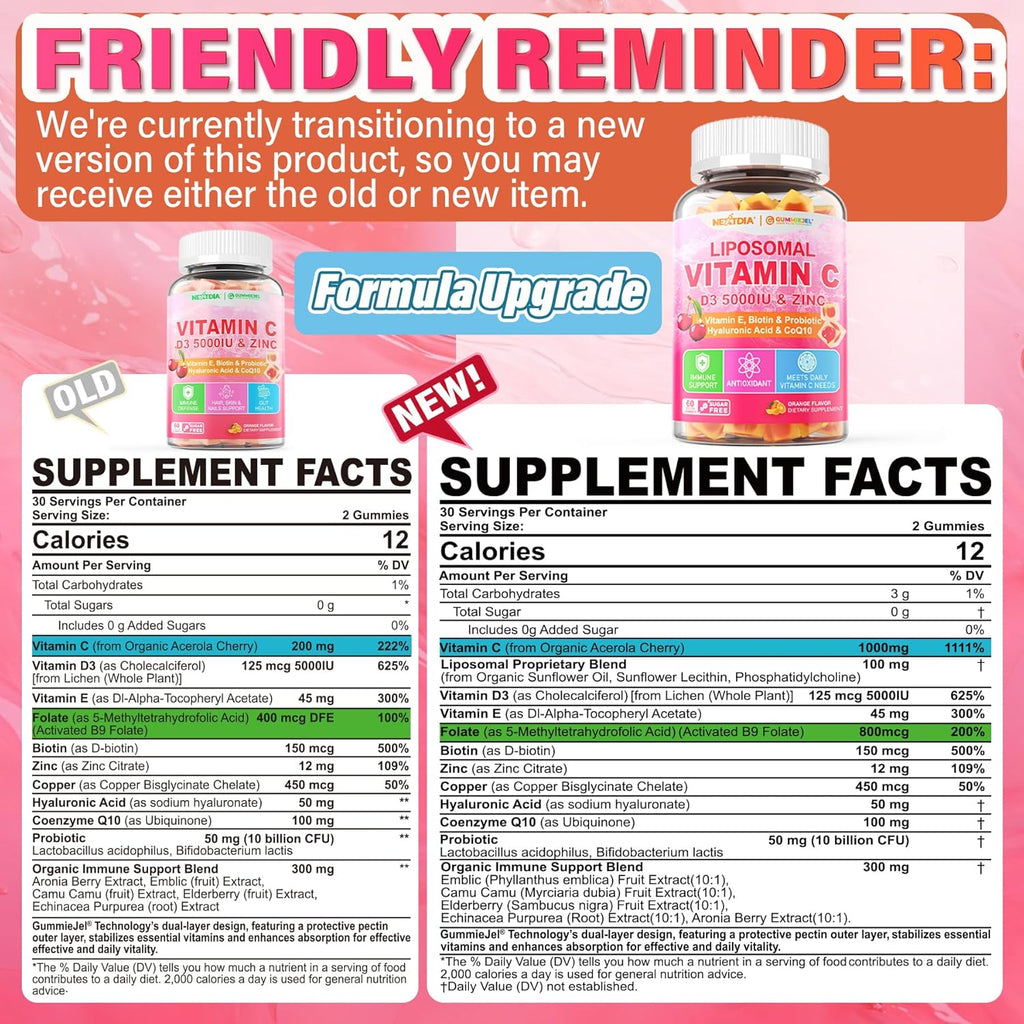 Liposomal Vitamin C 1000/200mg + D3 5000IU Zinc Gummies, Elderberry Echinacea for Immune, Folate, Hyaluronic Acid, Copper, VE for Beauty, CoQ10 Energy, Overall Health, Sugar Free, Chewable, Natural