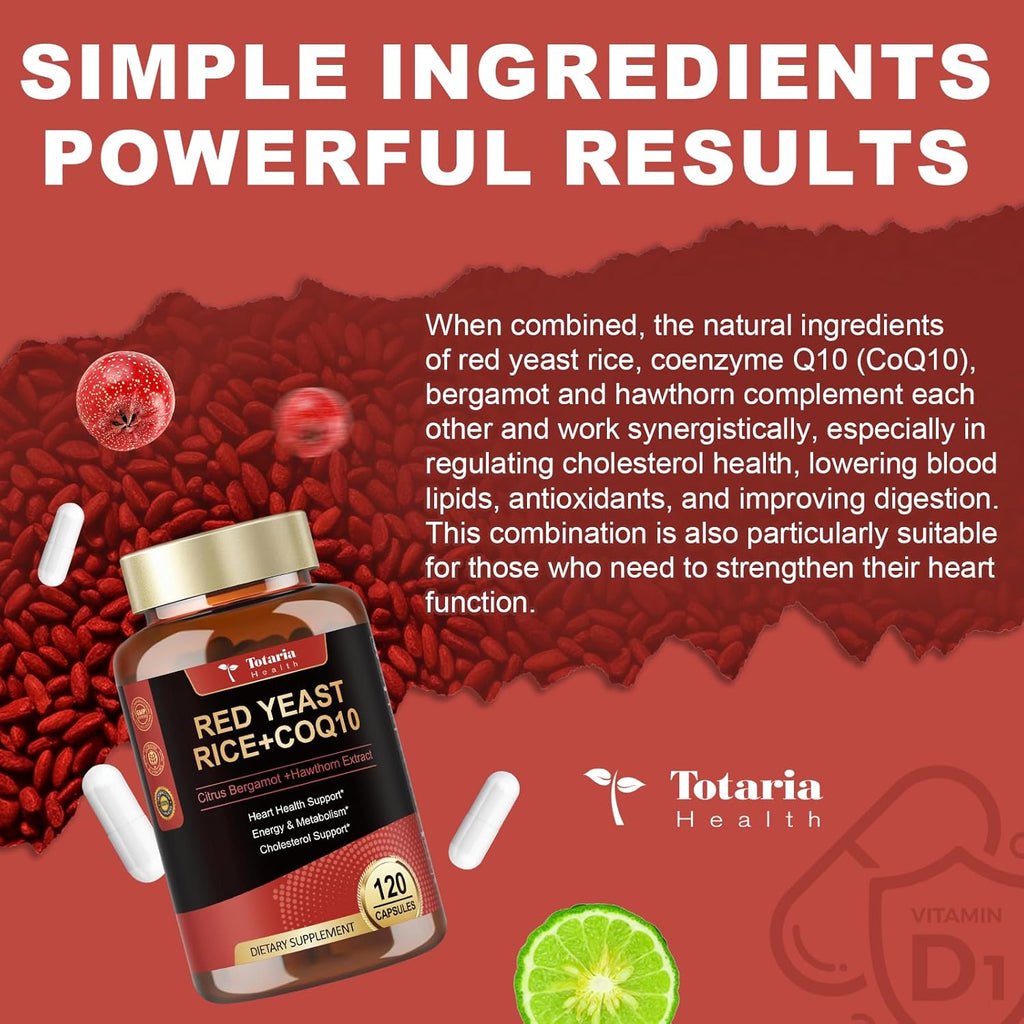Red Yeast Rice 2,000mg with CoQ10 Supplement - Citrinin-Free Extract Red Yeast Rice Capsules with CoQ10 100 Plus Citrus Bergamot - Cholesterol Lowering Supplements 3rd-Party Tested Vegan Non-GMO