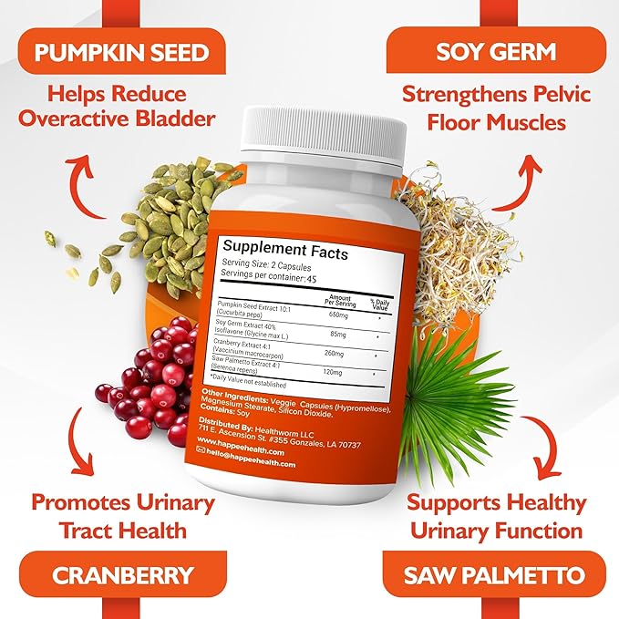 Happee Overactive Bladder Control Supplement for Women & Men - Pumpkin Seed Extract, Soy Germ, Saw Palmetto & Cranberry Blend - Bladder Support for Urinary Frequency, Leaks & Urgency - 90 Capsules