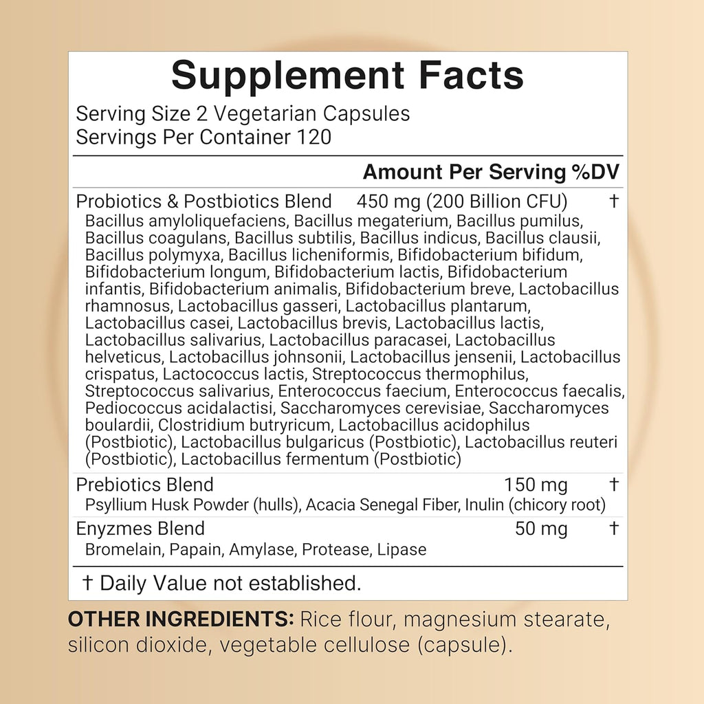 Probiotic 200 Billion CFU – 40 Strains Per Serving | 240 Veggie Capsules with Prebiotics and Probiotics for Digestive Health – Gut Health & Bloating Support | Daily Probiotics for Women & Men