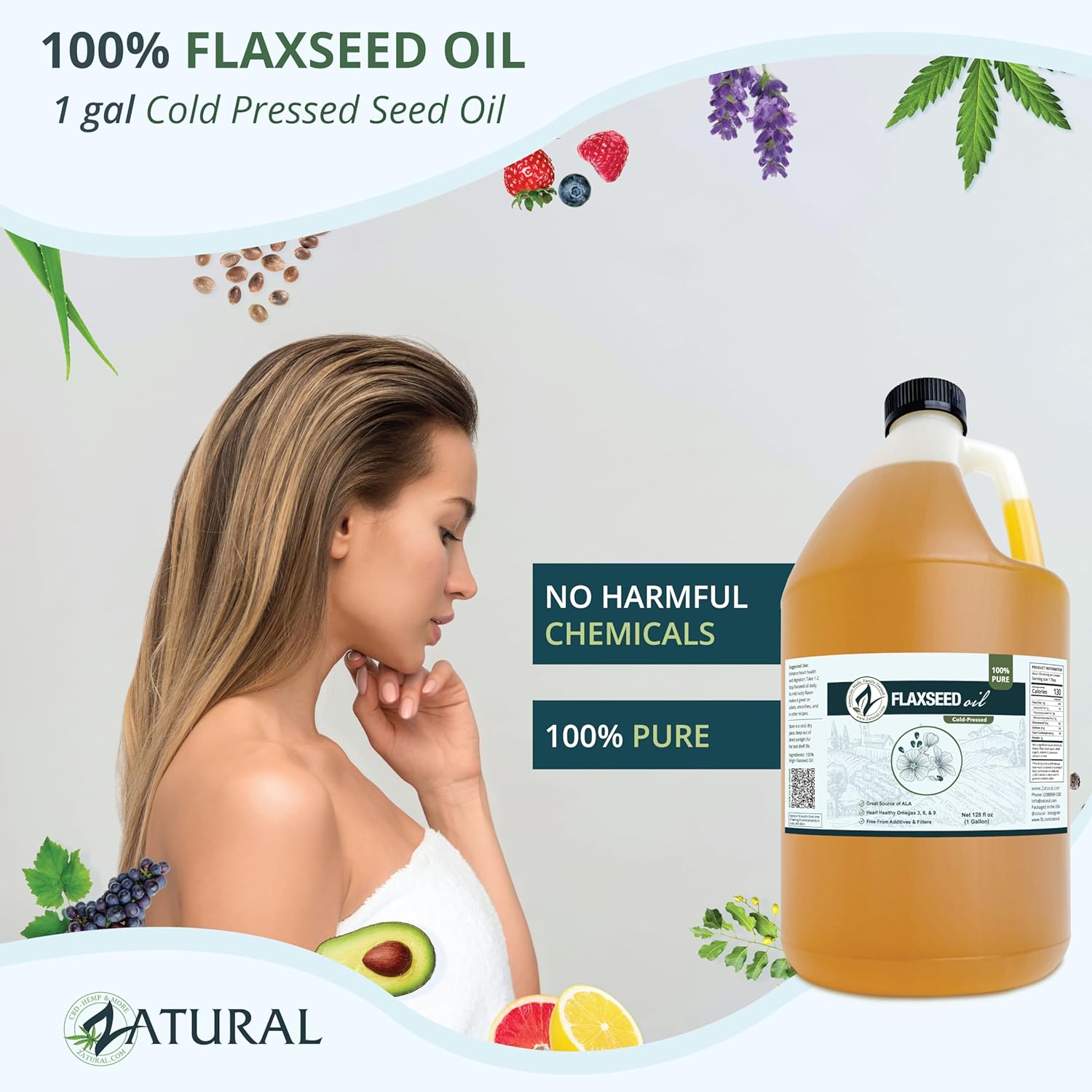 Zatural Flaxseed Oil Organically Grown 100% Pure Flax Seeds Cold Pressed Vegan Omega Fatty Acids 128oz (1 Gallon)