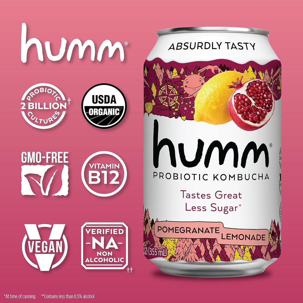 Humm Kombucha Pomegranate Lemonade, Organic, Vegan & GMO Free (12 Pack)