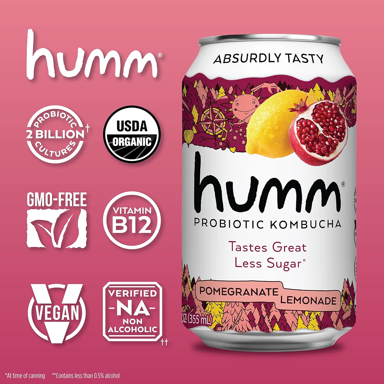 Humm Kombucha Pomegranate Lemonade, Organic, Vegan & GMO Free (24 Pack)