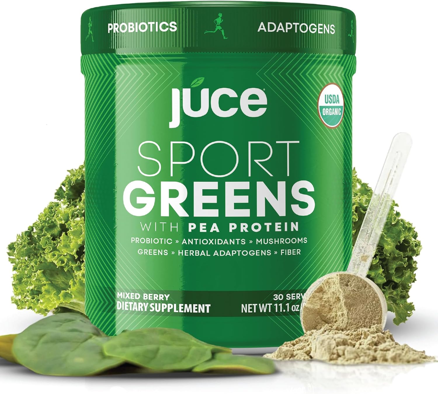 Juce SG7 Sport Greens Powder Supplement | Organic Plant Based Protein | Green Juice Powder | Probiotics | Mushrooms | Mixed Berry Flavor | 30 Servings | By Terra Kai Organics