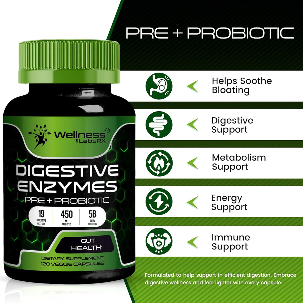 Digestive Enzymes with Probiotics and Prebiotics, 450mg, 5 Billion CFUs - Pure Super Digestion Capsules - Digestive Enzymes for Women & Men Support Digestion & Gut Health - 120 Count (Pack of 2)
