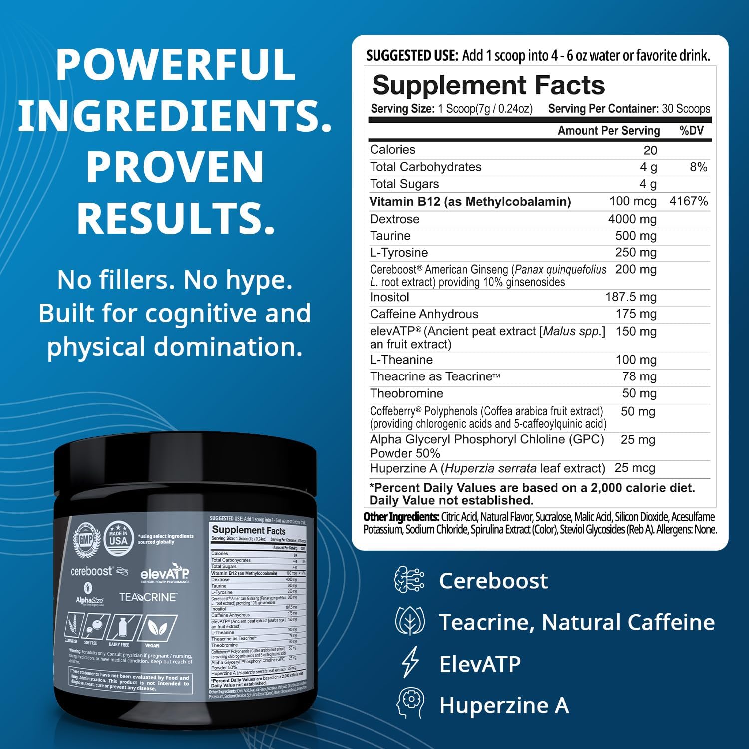 Granite Nutrition GigaBrain Nootropic Energy Powder – Cereboost, Alpha-GPC & ElevATP – Cognitive Focus Supplement for Sustained Energy & Performance – Blue Crush, 30 Servings