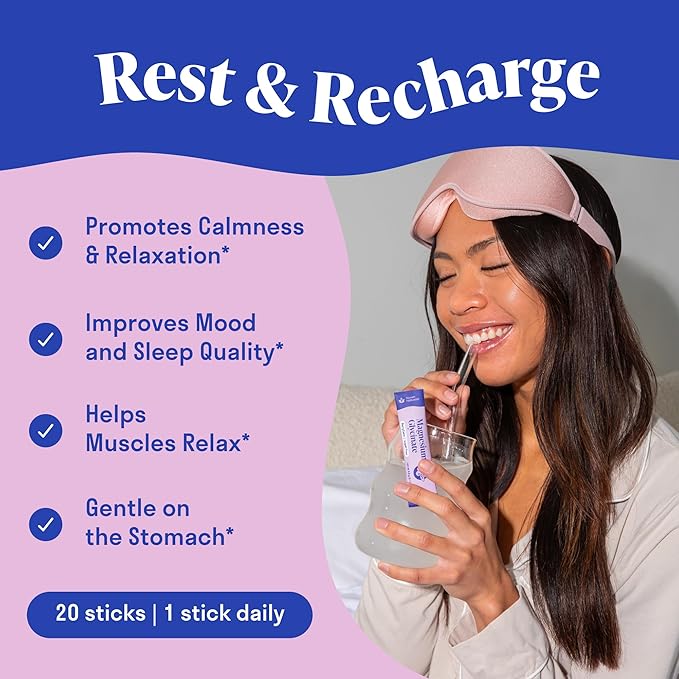 Magnesium Glycinate Powder + L-Theanine | 20 Sticks/Servings | 300 mg p/Stick High Absorption Chelated Magnesium Powder for Sleep - Mixed Berry Flavor, No Sugar, Support Restful Sleep & Relaxation