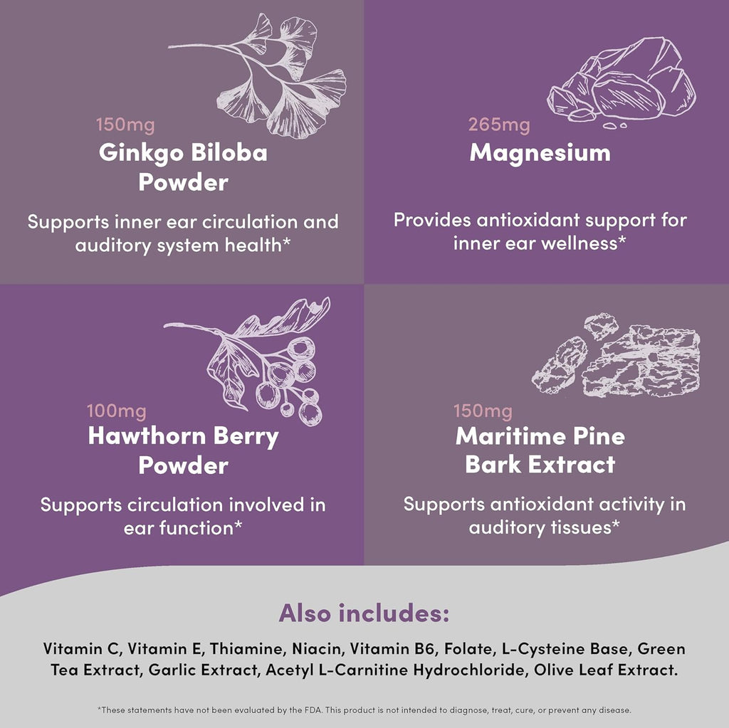 Hearing Peak - Tinnitus Supplements - Ear Health Supplements for Ringing Ears with Magnesium, Ginkgo Biloba, Green Tea Extract, Niacin, Acetyl L-Carnitine & More - Vegan, Gluten Free - 120 Capsules
