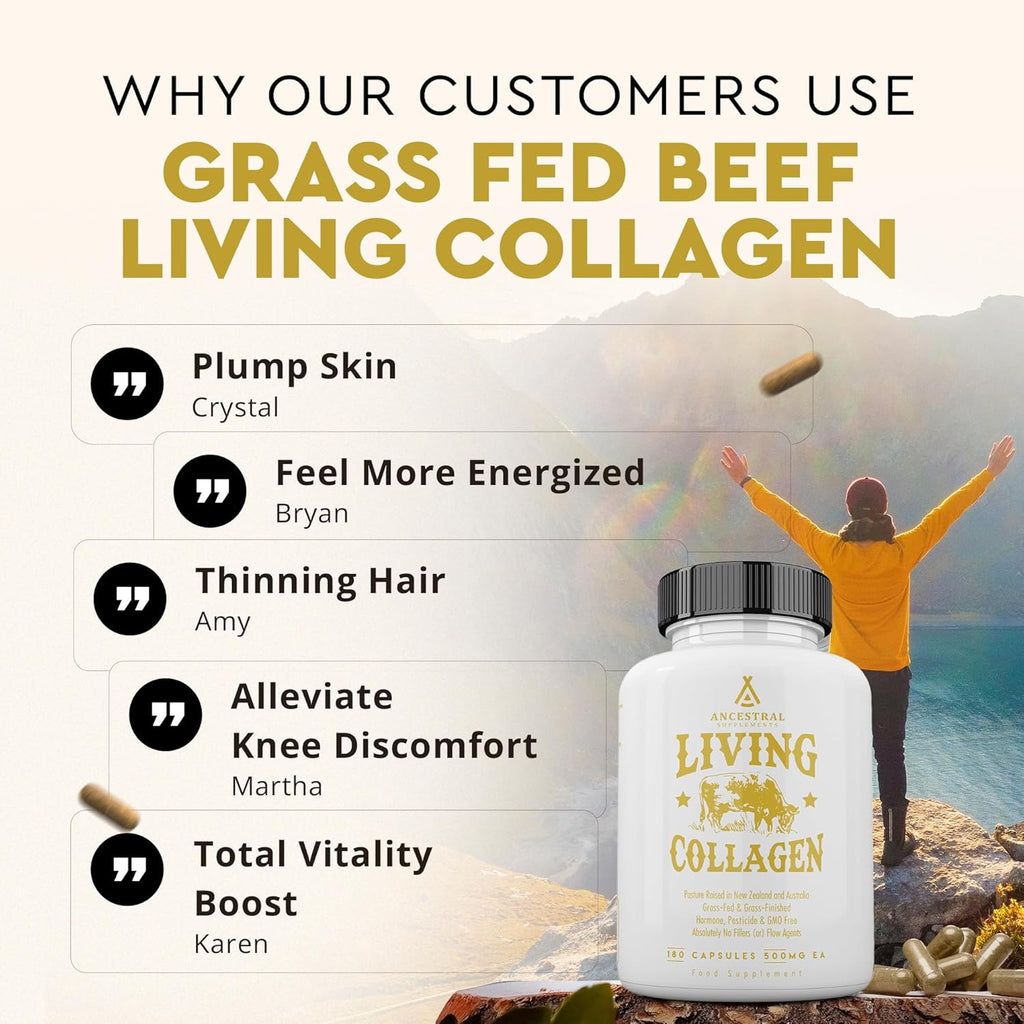 Ancestral Supplements Grass Fed Beef Living Collagen Nutritional Powder Supplement, 3000mg, Promotes Healthier, Younger Looking Skin, Hair, Nails and Joints, Type II, 180 Capsules