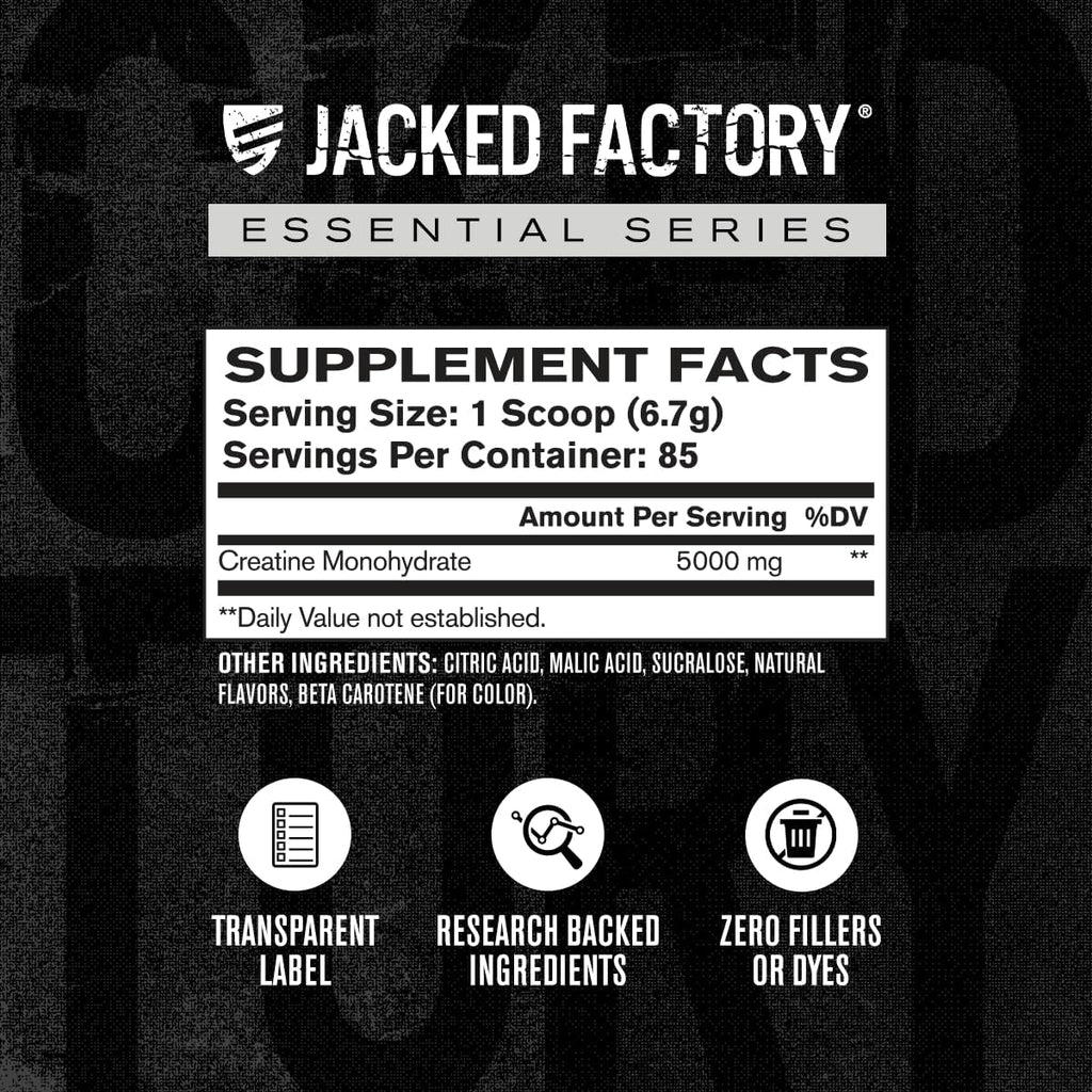 Jacked Factory Creatine Monohydrate Powder 425g - 5g Daily Creatine Supplement for Men and Women, Vegan-Friendly, Third-Party Tested - 85 Servings, Peach Mango